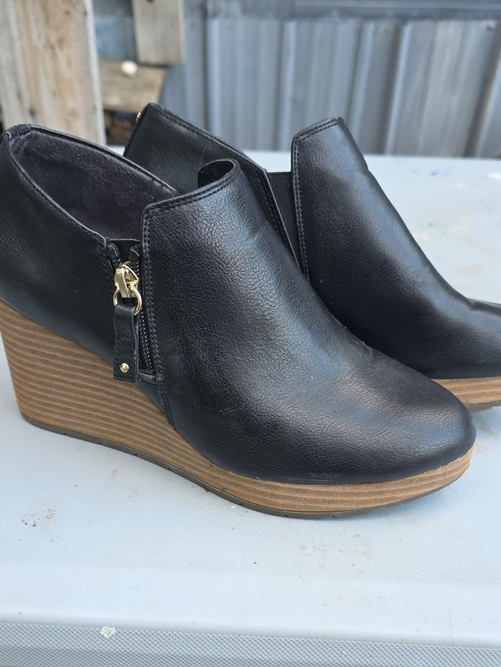 Dr. Scholl's Black Leather Wedge Booties with Wood-Effect Sole